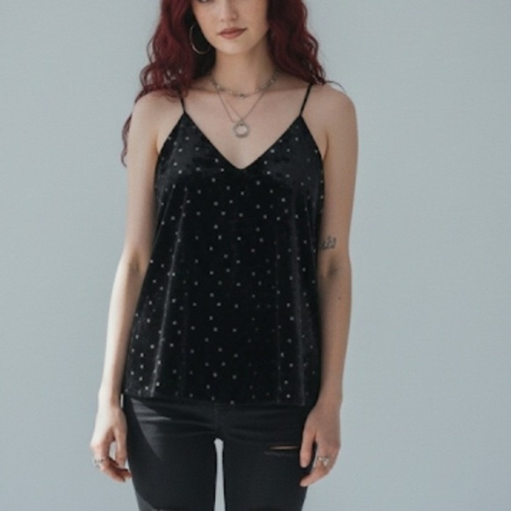 VICI Star Print Velvet Camisole Women Medium Black Racerback V-Neck‎ Tank Top